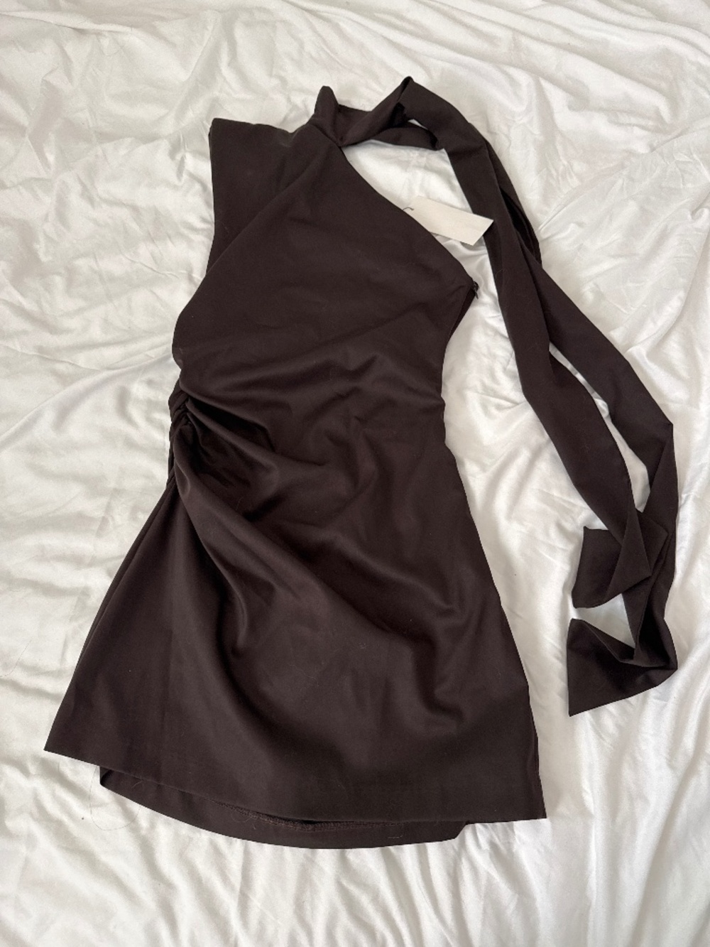 zara one shoulder scarf dress   size medium   details: -NWT -color: brown